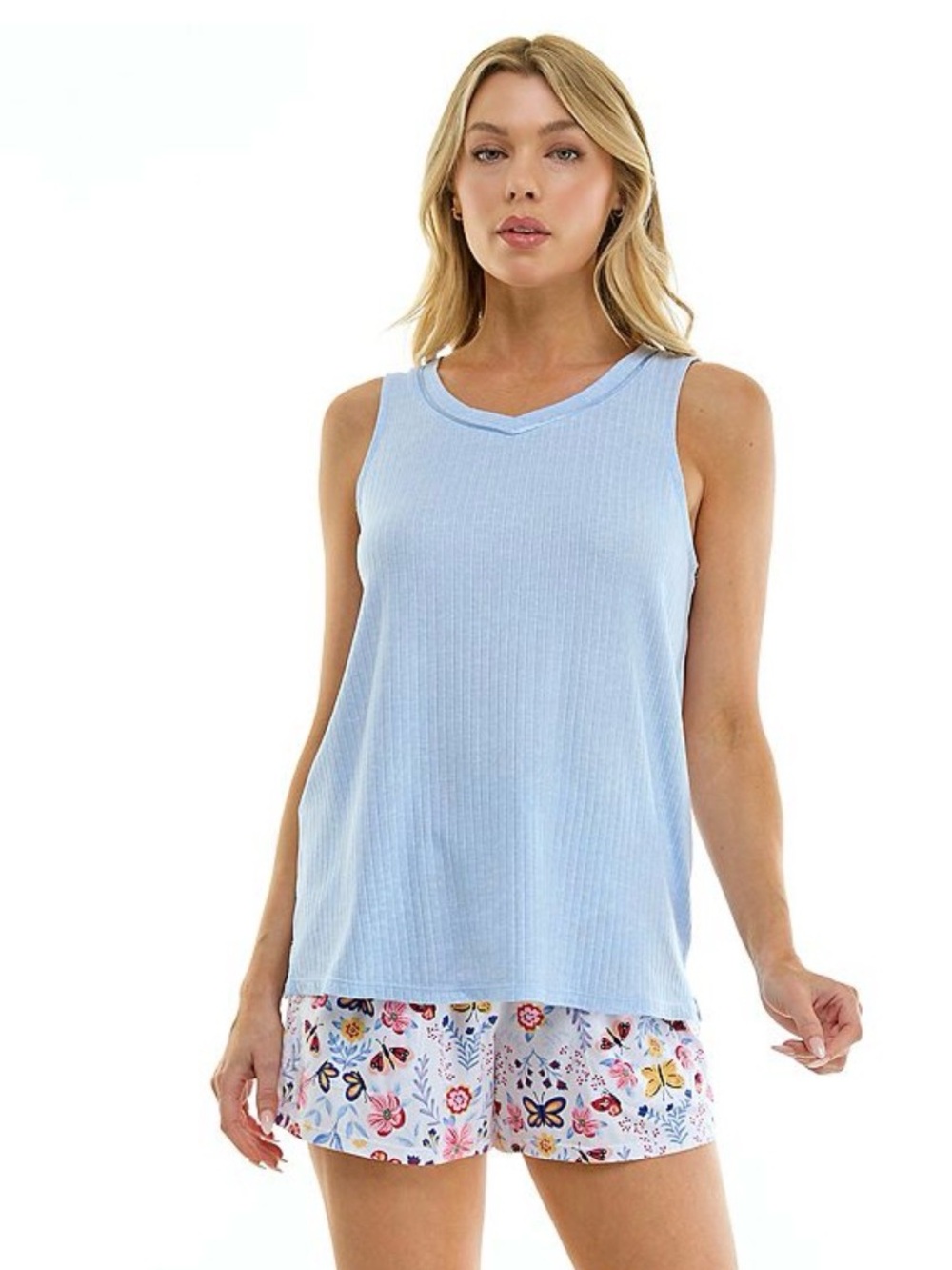 2 Pc Set Woman’s Tank Top & Pajamas Shorts Set Summer Pajamas Blue/ Butterflies